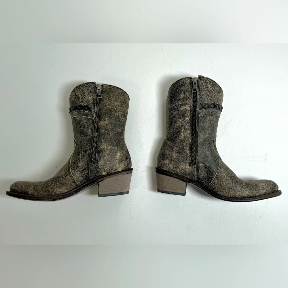 Old West Girl’s Distressed Leather Charcoal Cross Stitch Cowgirl Boots Size 2.5